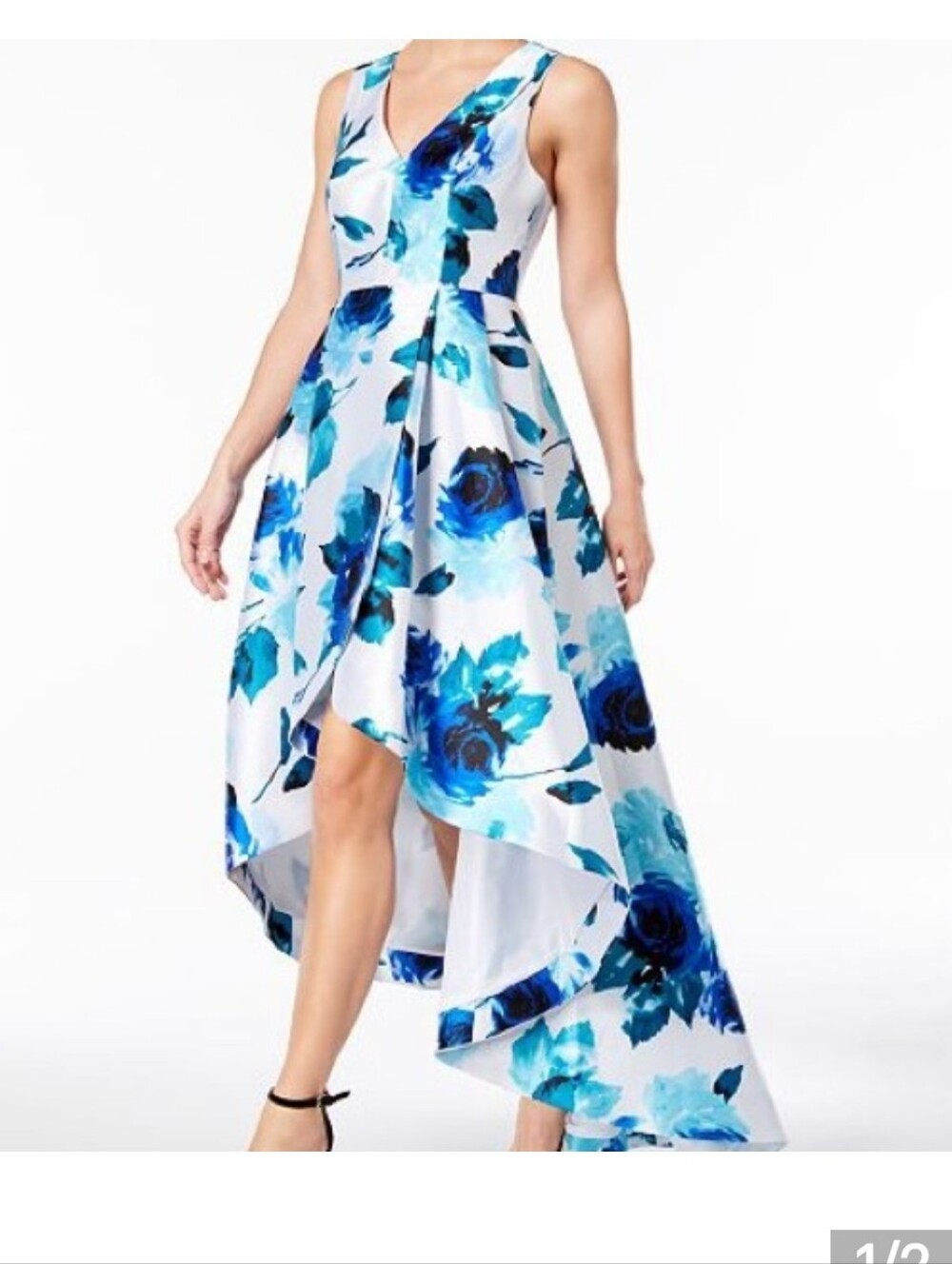 Calvin Klein Floral High-Low V-Neck Dress in Blue